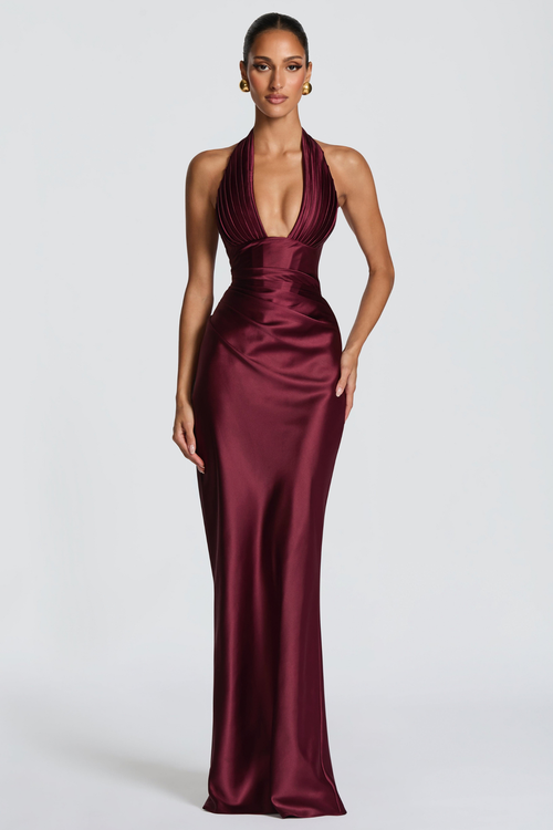 Cherry Halter Pleated Maxi Dress
