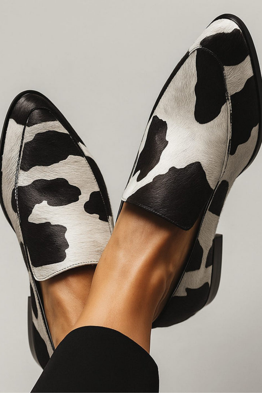 Cow Print Pointed Toe Slip On Loafers