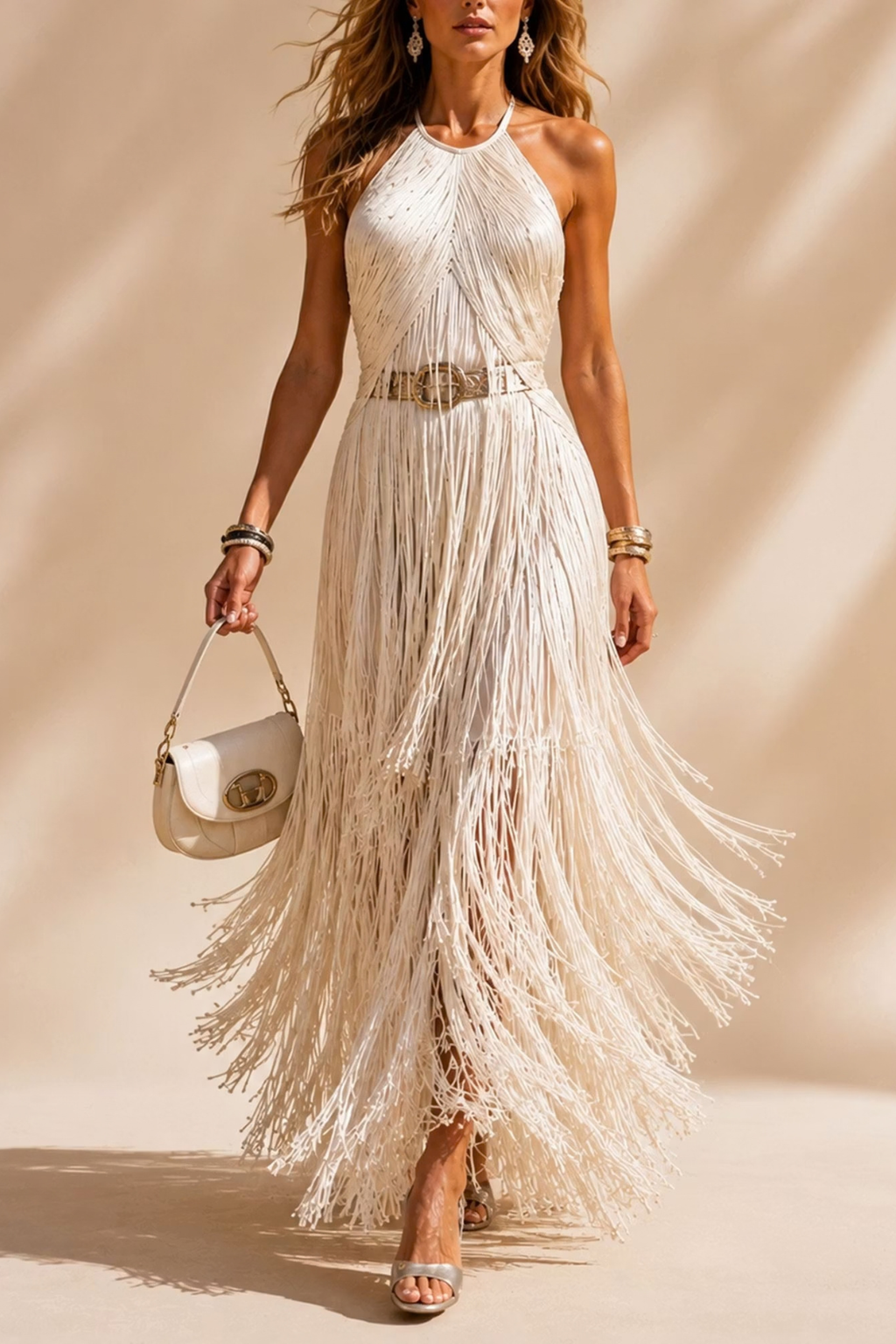 Cream Fringe Halter Maxi Dress