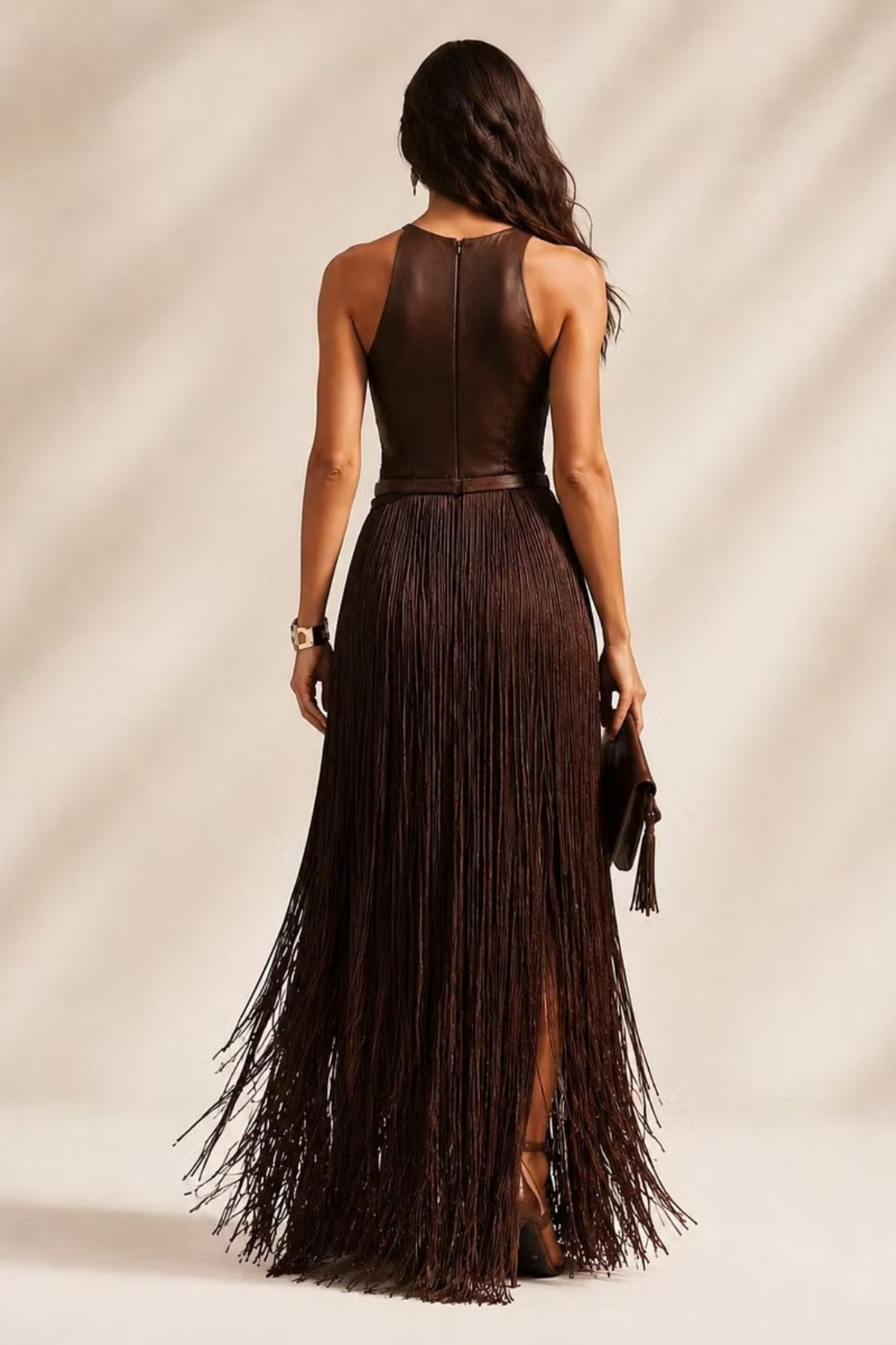 Cream Fringe Halter Maxi Dress
