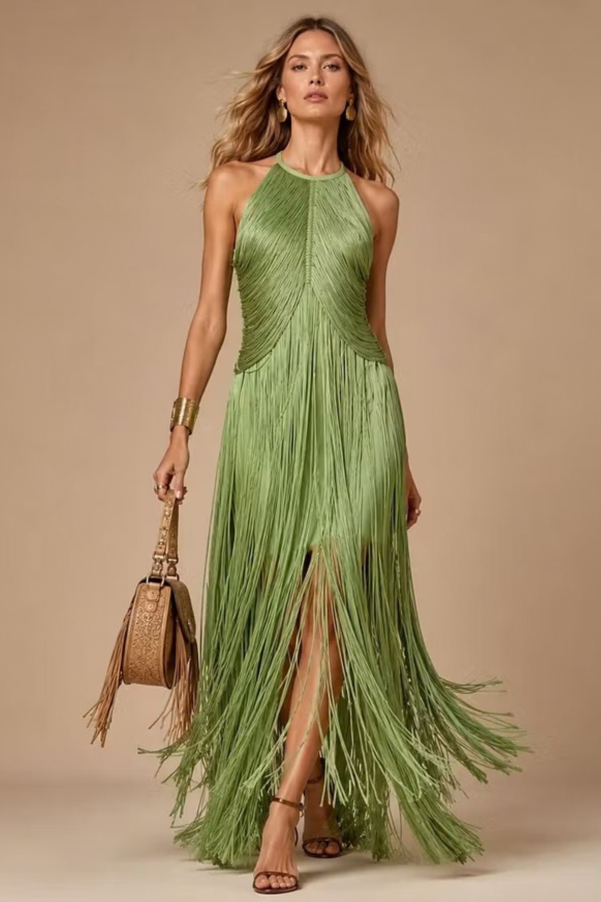 Cream Fringe Halter Maxi Dress
