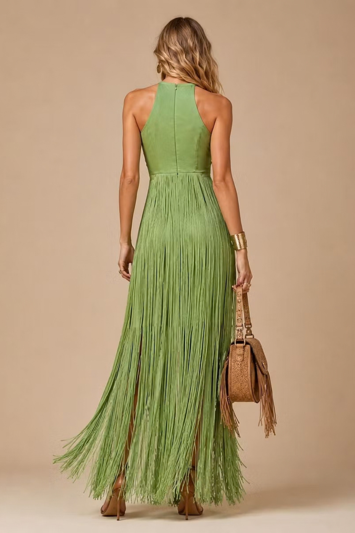 Cream Fringe Halter Maxi Dress