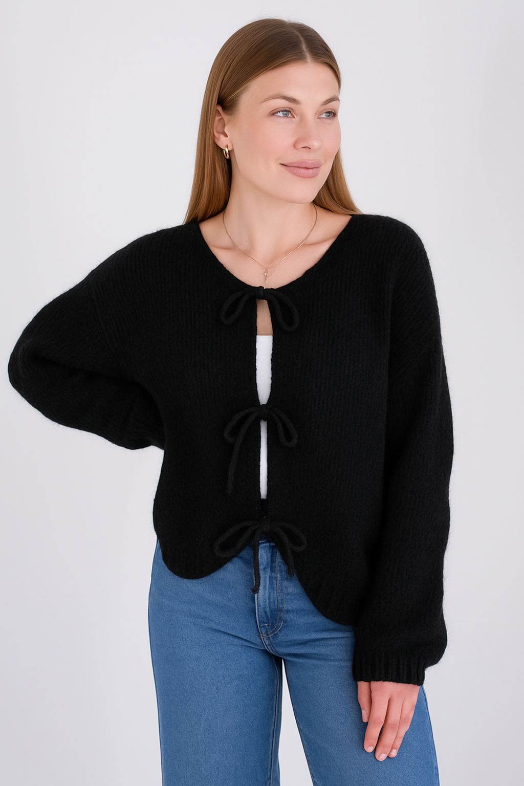 Crew Neck Tie Front Cardigan