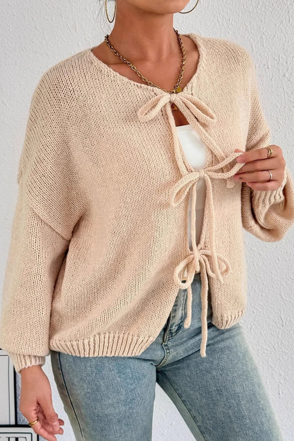Crew Neck Tie Front Cardigan