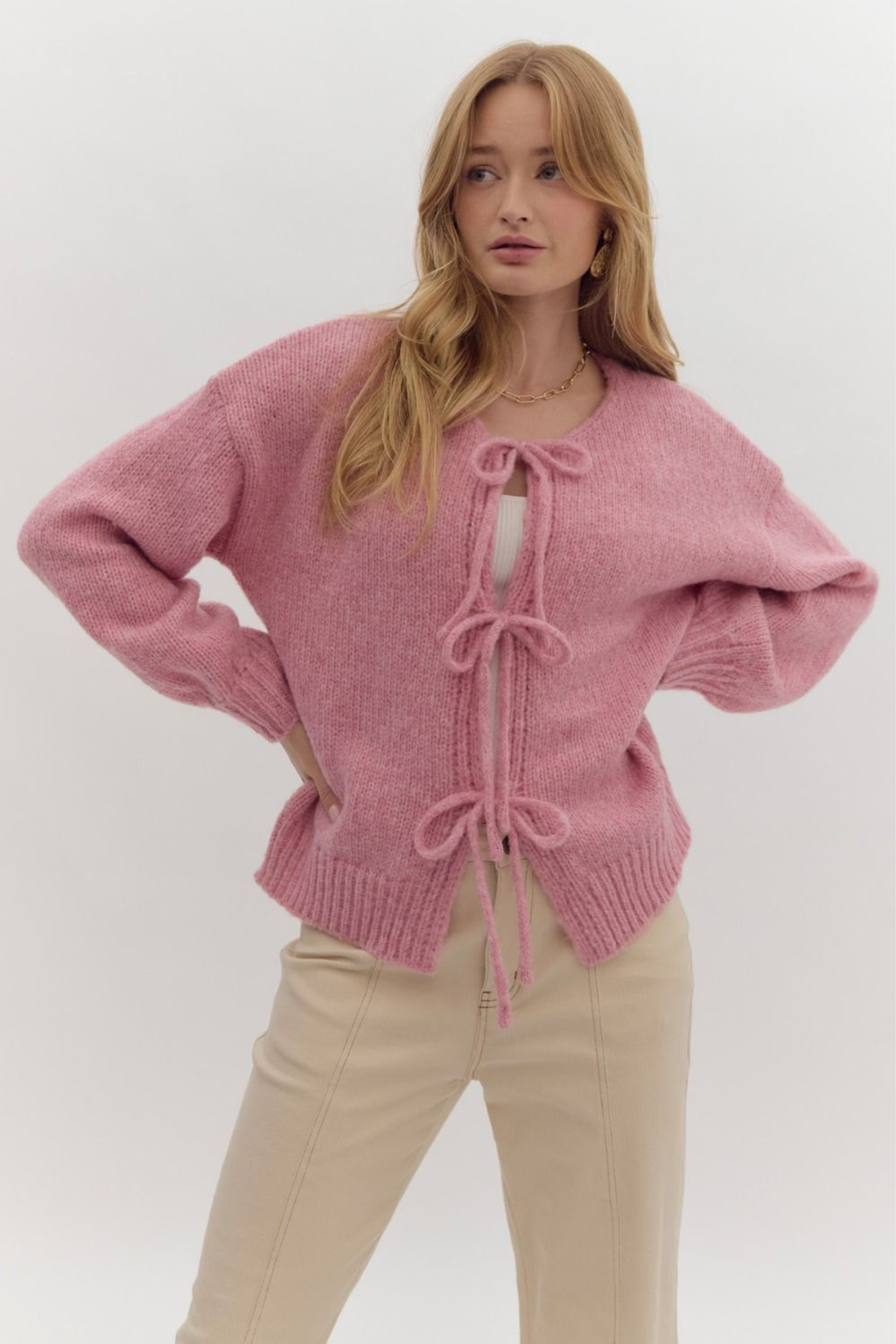 Crew Neck Tie Front Cardigan