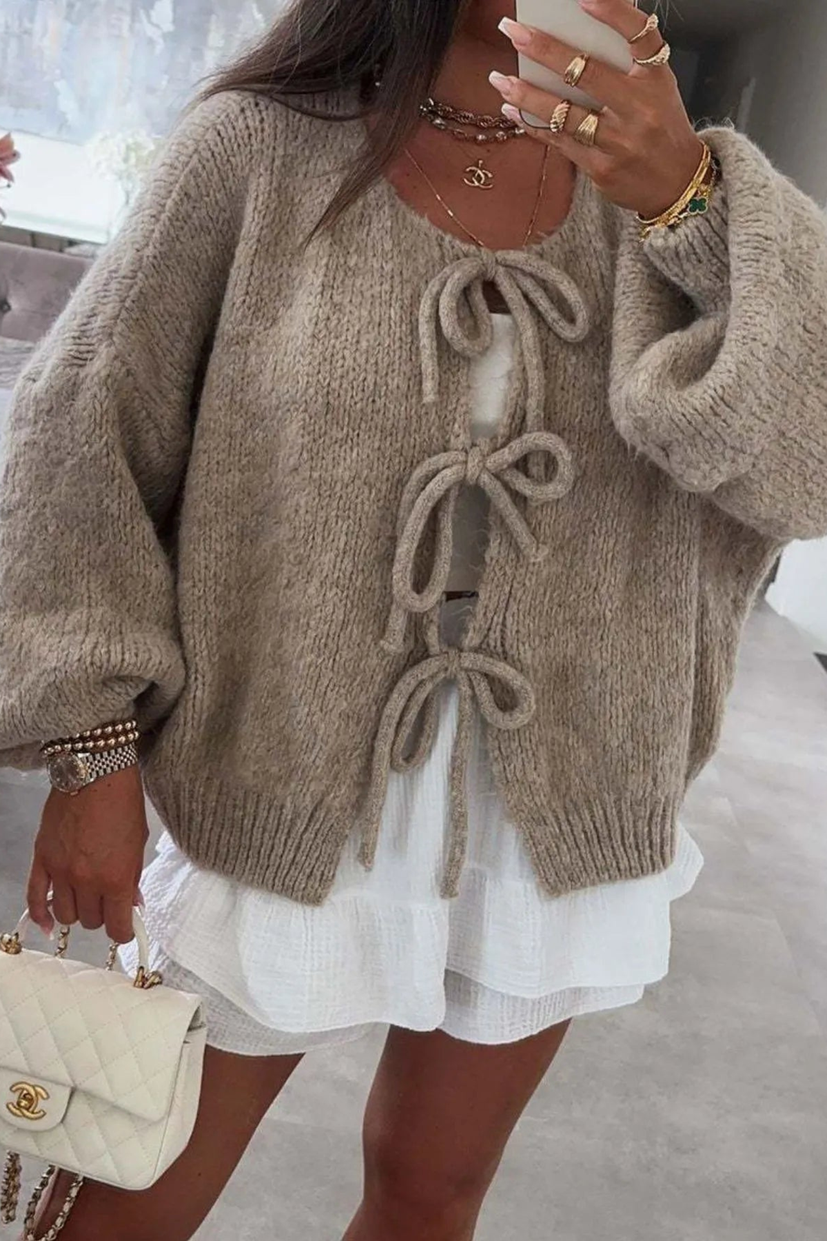 Crew Neck Tie Front Cardigan