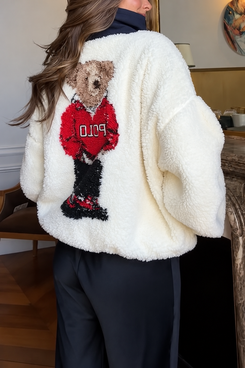Cute Bear Print Fleece Zip Sweatshirt