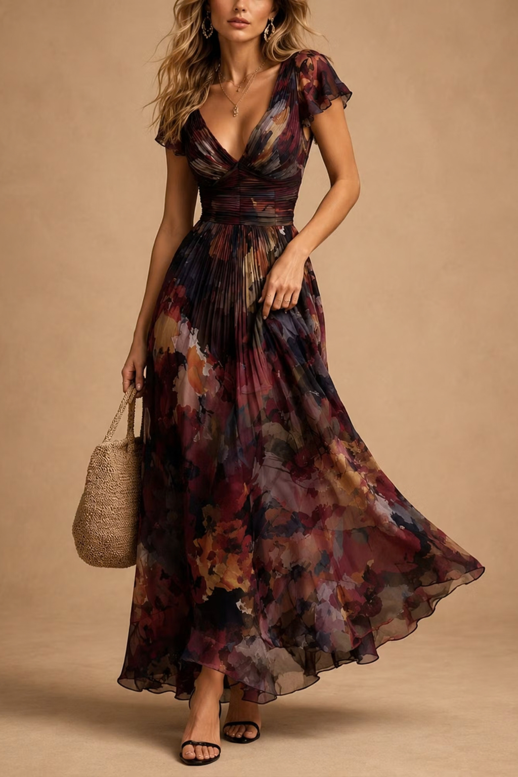 Dark Floral Pleated Maxi Dress