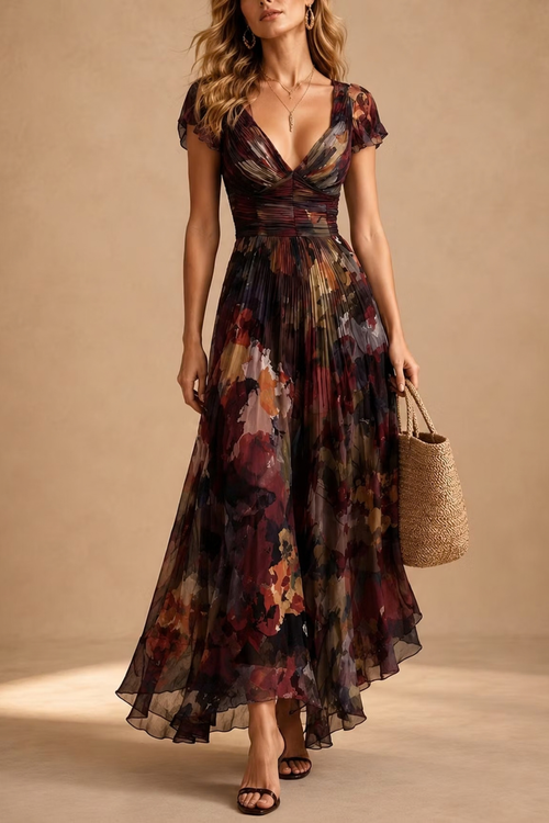 Dark Floral Pleated Maxi Dress