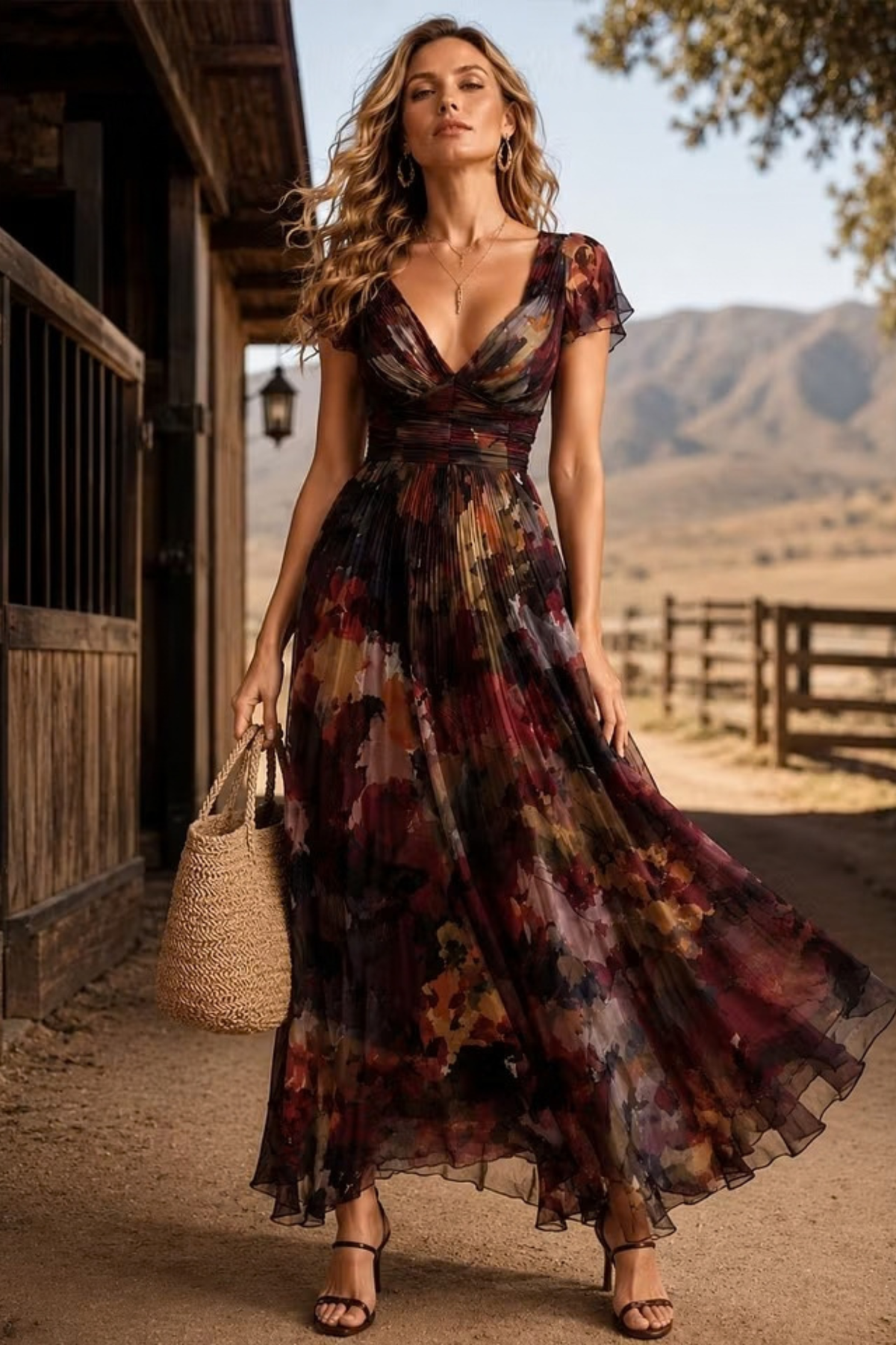 Dark Floral Pleated Maxi Dress