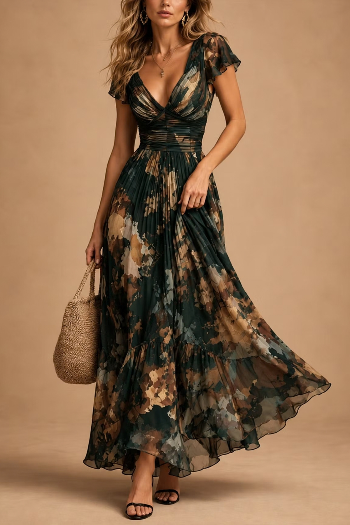 Dark Floral Pleated Maxi Dress
