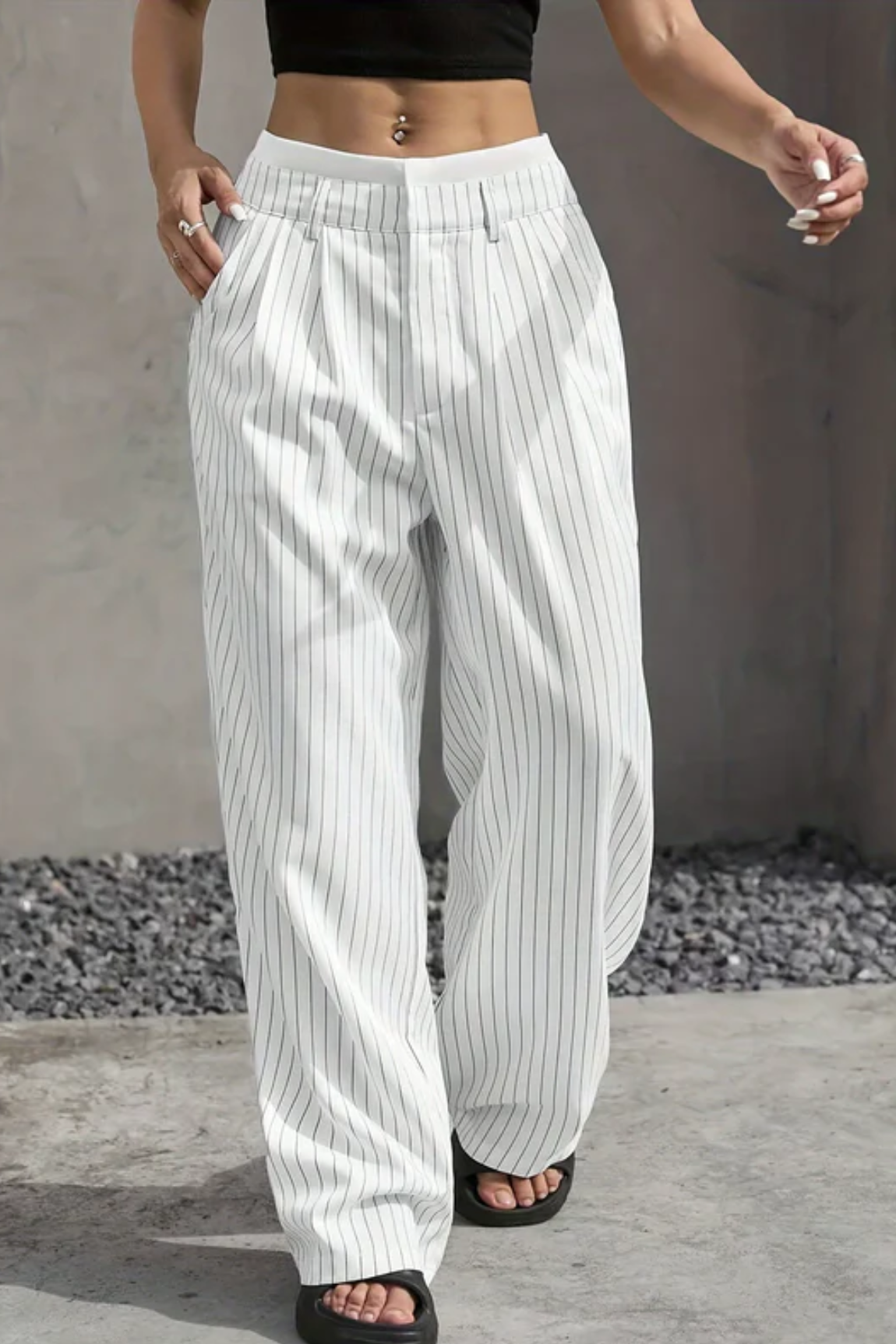 Striped Wide-Leg Pants with Pockets