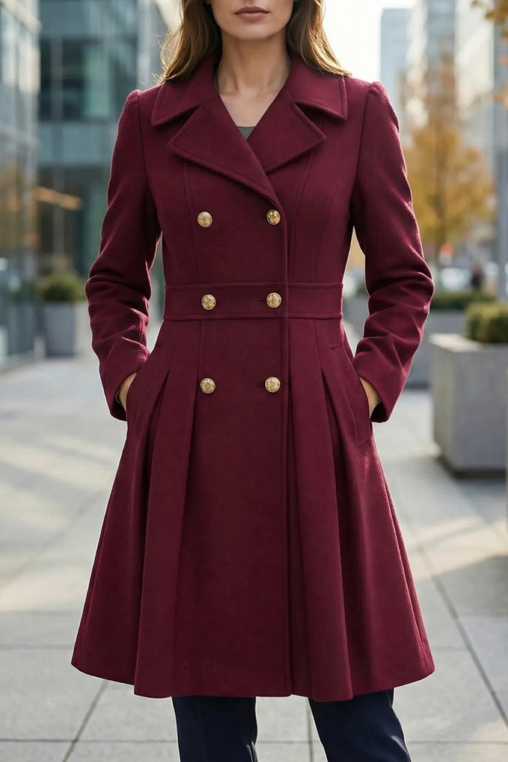 Double Breasted A Line Notched Lapel Coat