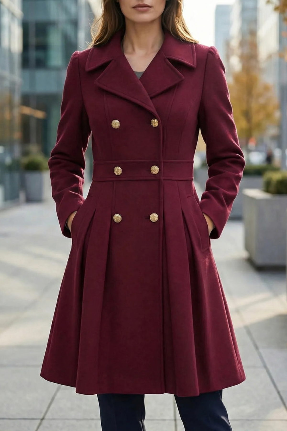 Double Breasted A Line Notched Lapel Coat