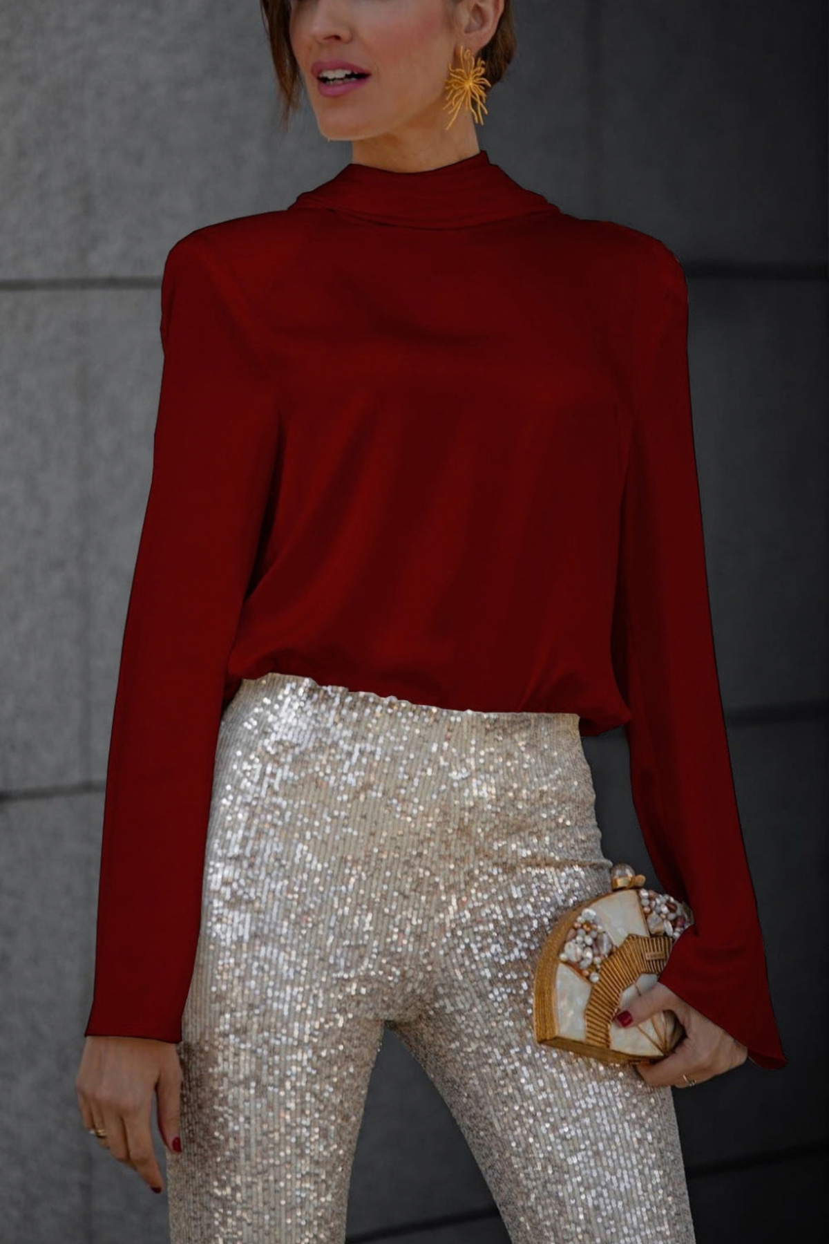 Draped Cowl Neck Chain Back Blouse