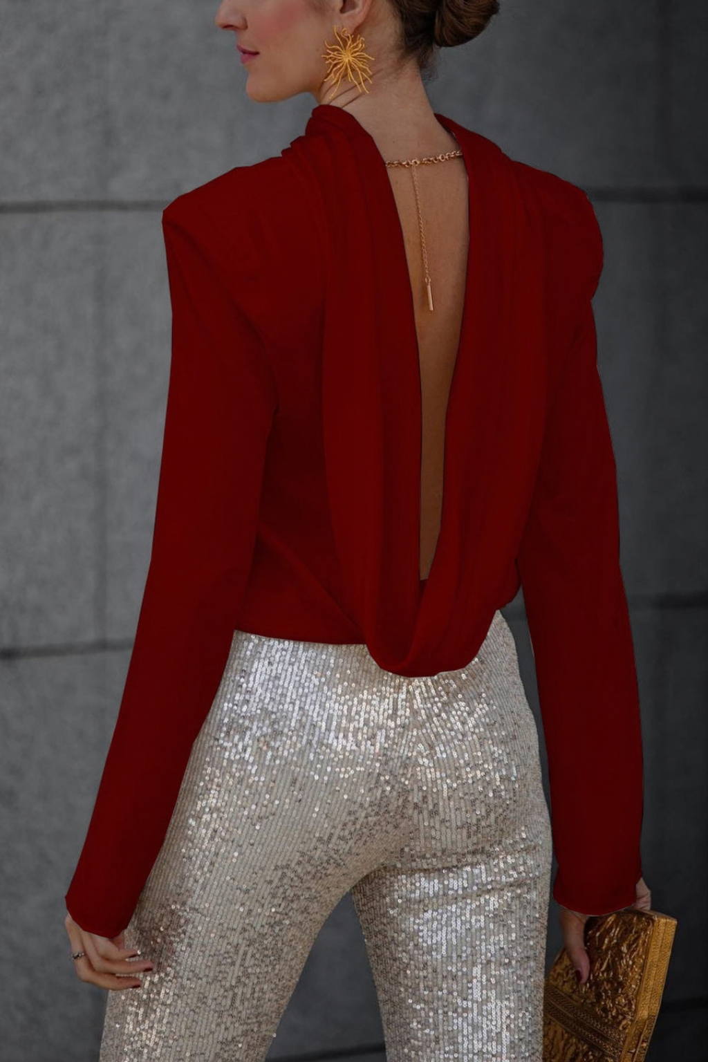 Draped Cowl Neck Chain Back Blouse