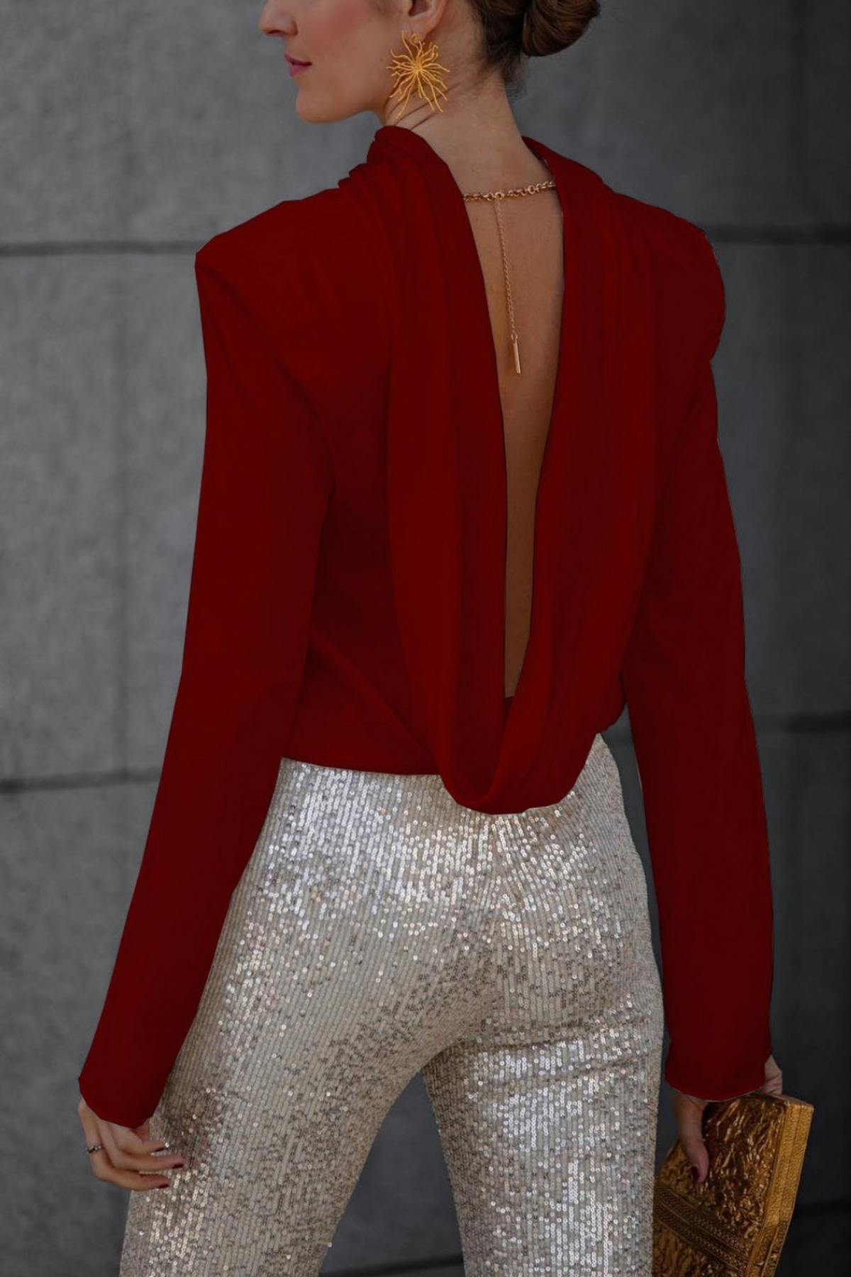 Draped Cowl Neck Chain Back Blouse