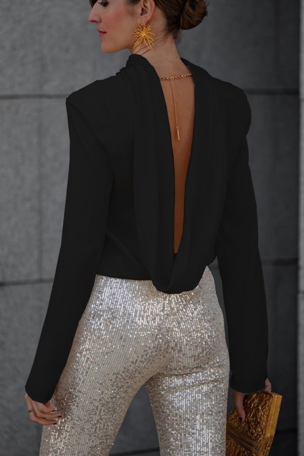 Draped Cowl Neck Chain Back Blouse