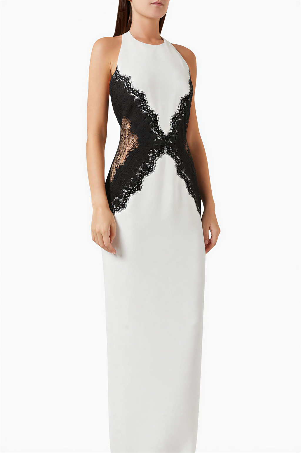 Open-Back Maxi Dress in Crepe & Lace