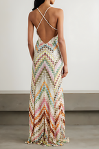 Colourful Herringbone Knit Open-Back Maxi Dress
