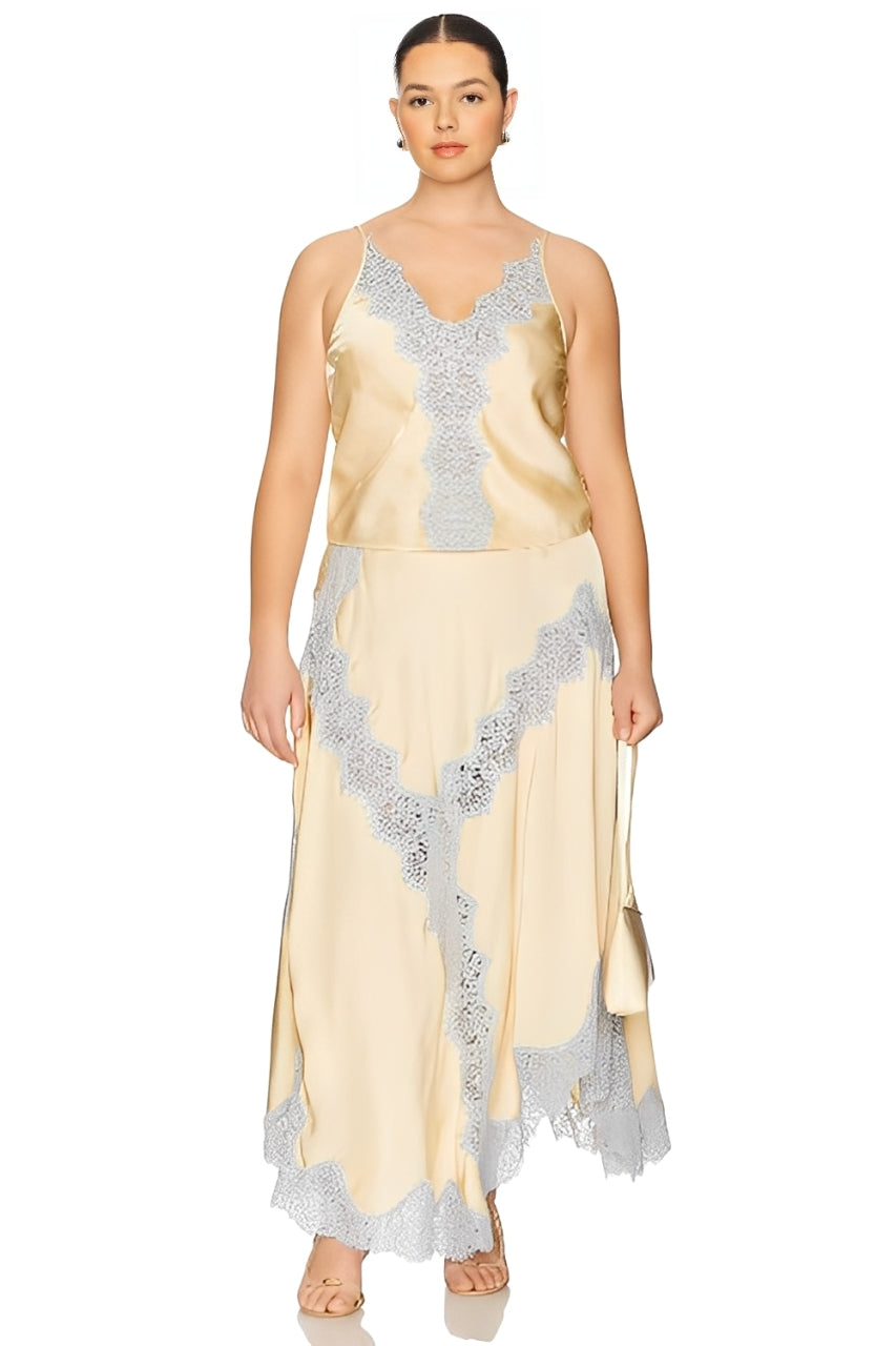 Beige & Blue Lace Trim Two-Piece Skirt Set