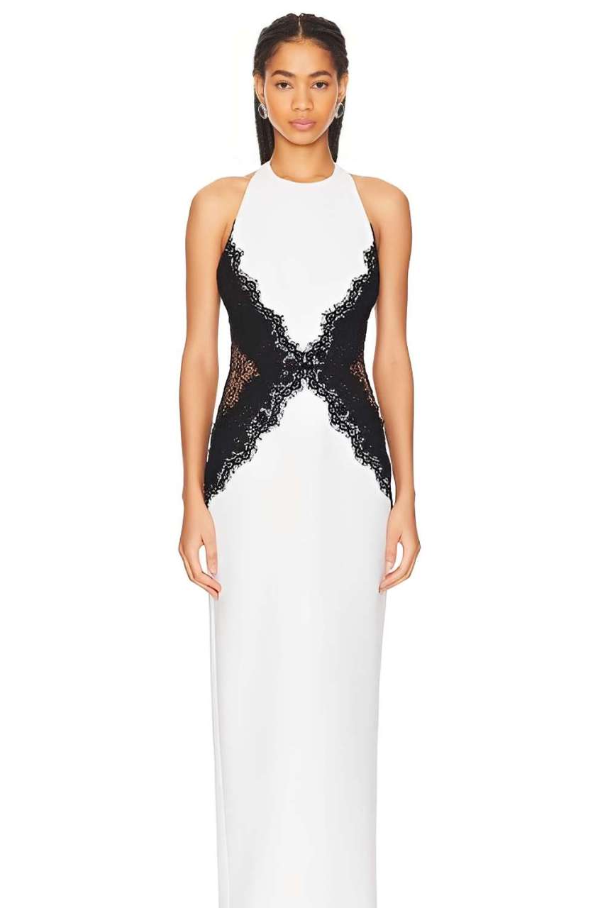 Open-Back Maxi Dress in Crepe & Lace