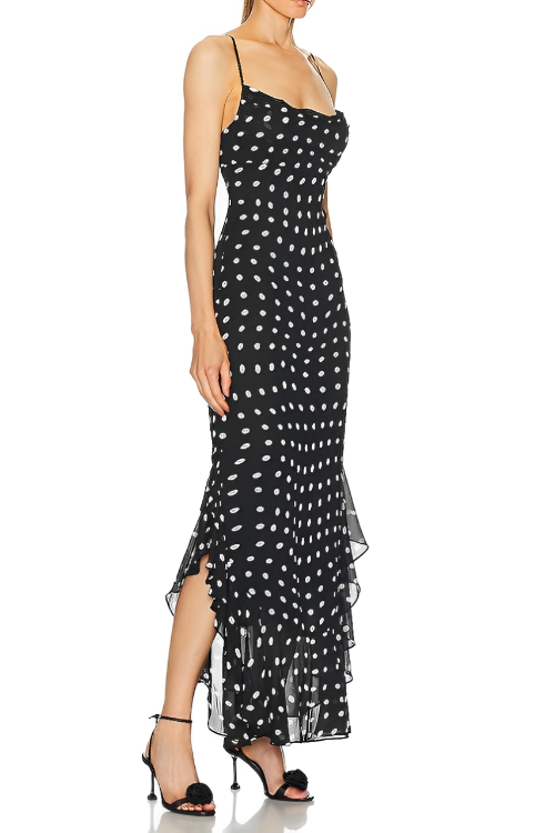 Black & Cream Polka Dot Ruffle Maxi Dress