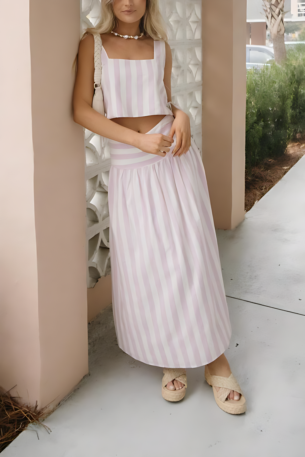 Pink & White Striped Skirt Set