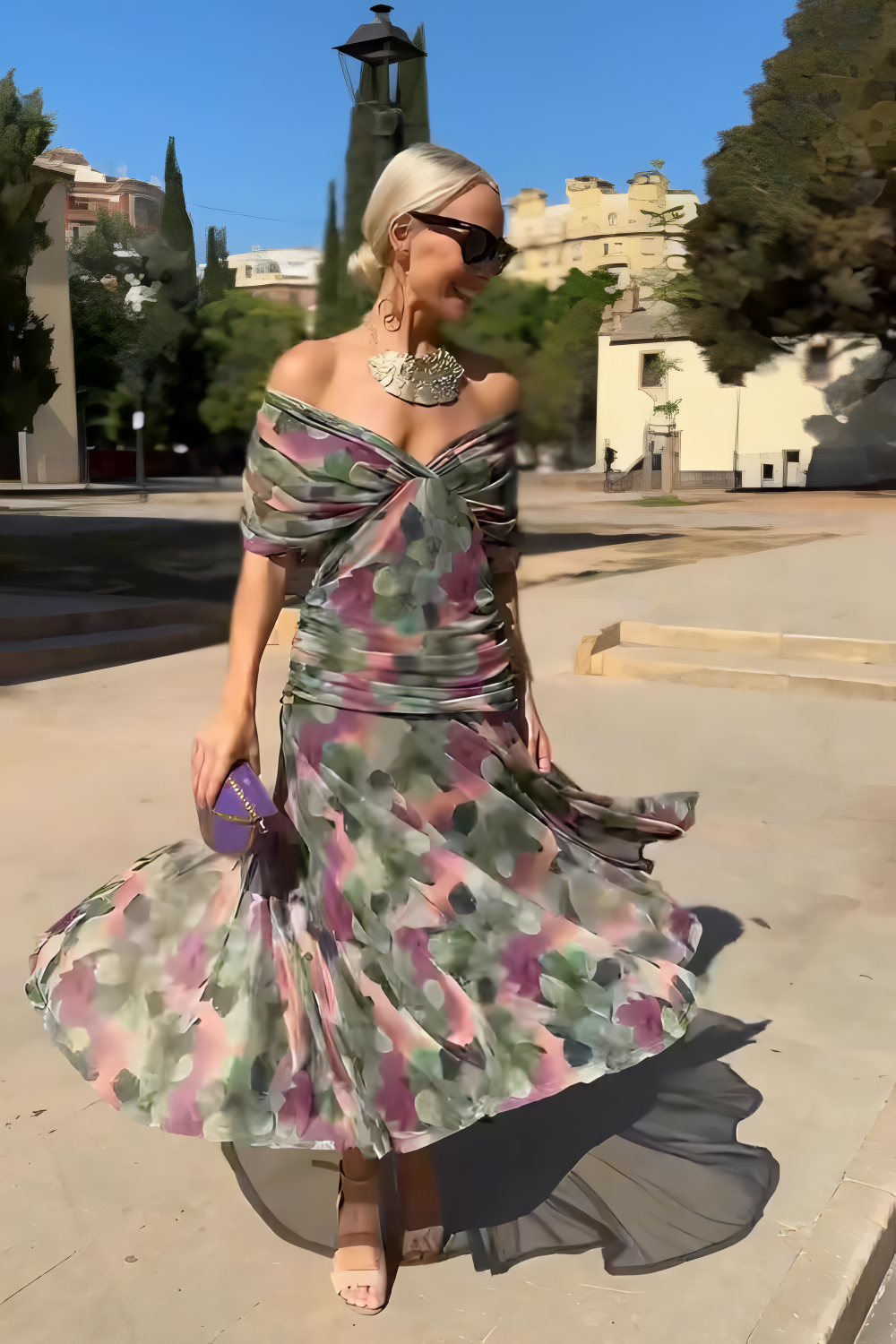 V-Neck Fantasy Painted Floral Maxi Dress