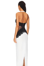 Open-Back Maxi Dress in Crepe & Lace