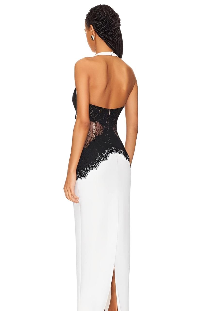 Open-Back Maxi Dress in Crepe & Lace