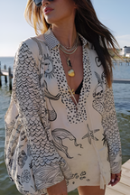 Collared V-Neck Shirt & Side-Slit Shorts Sea Print Set