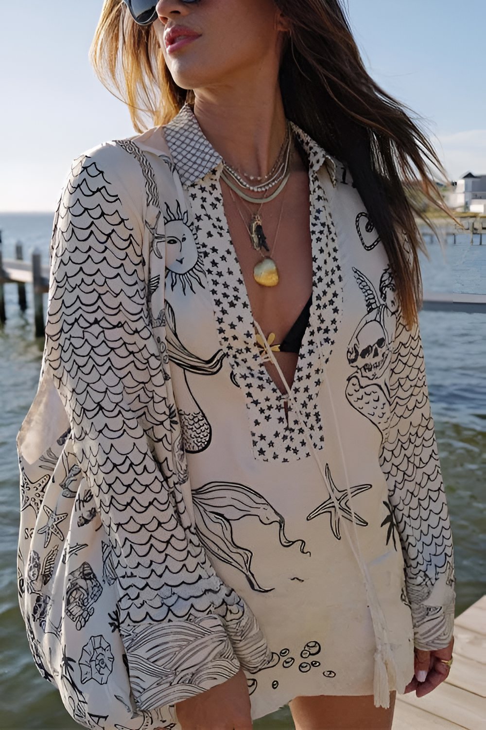 Collared V-Neck Shirt & Side-Slit Shorts Sea Print Set