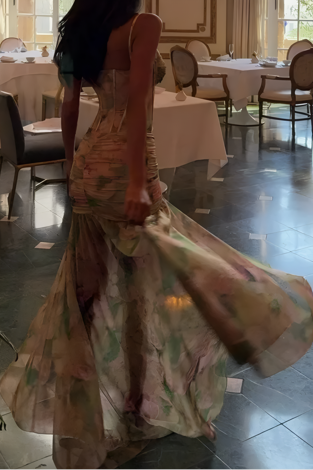 Green Floral Ruffled Asymmetric Bodycon Gown