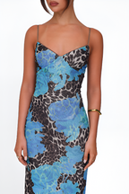 Blue Floral & Leopard Print Maxi Dress