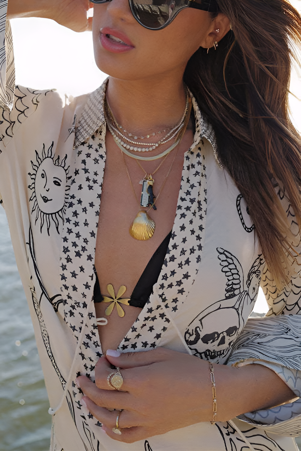 Collared V-Neck Shirt & Side-Slit Shorts Sea Print Set