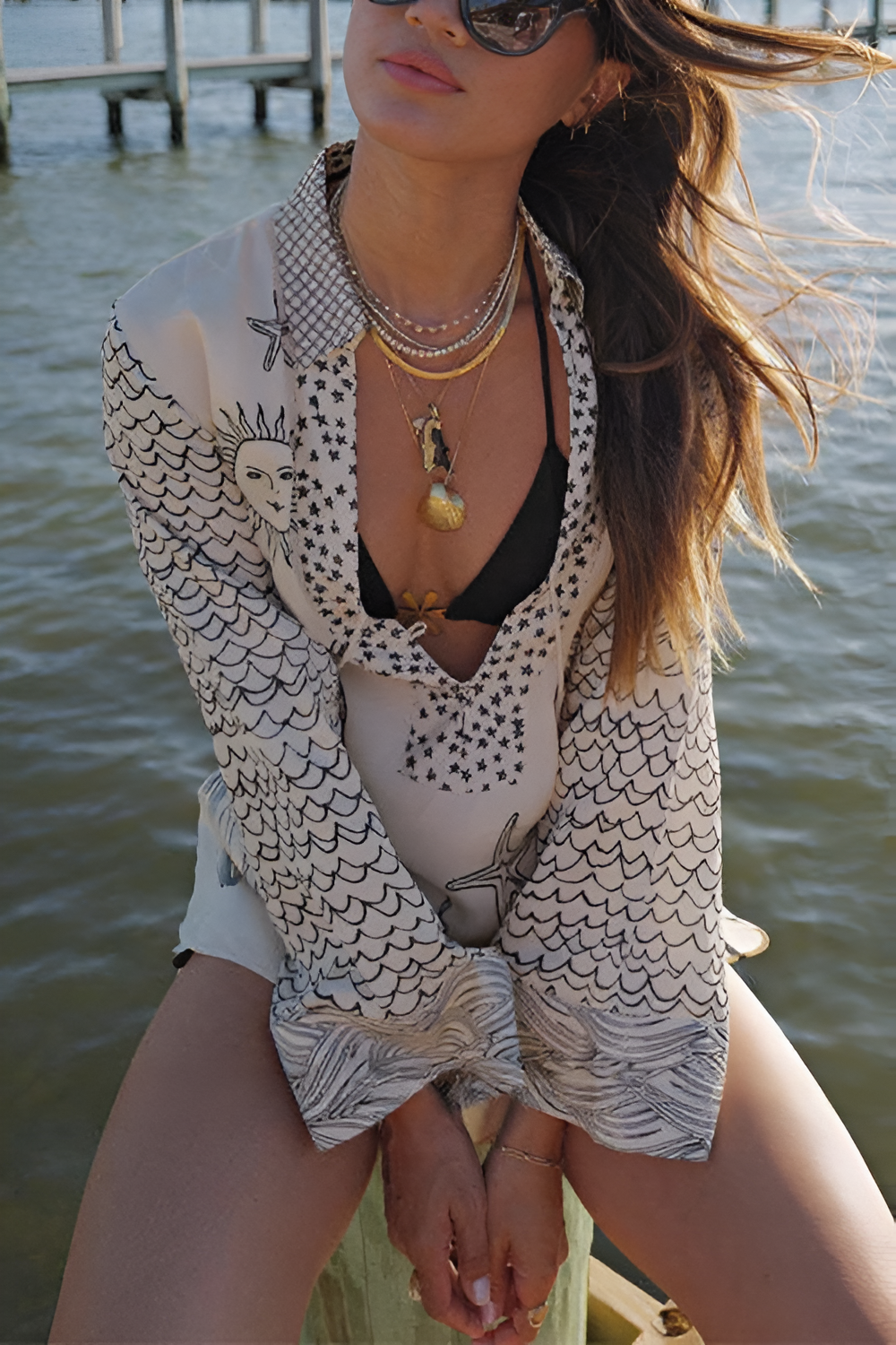 Collared V-Neck Shirt & Side-Slit Shorts Sea Print Set