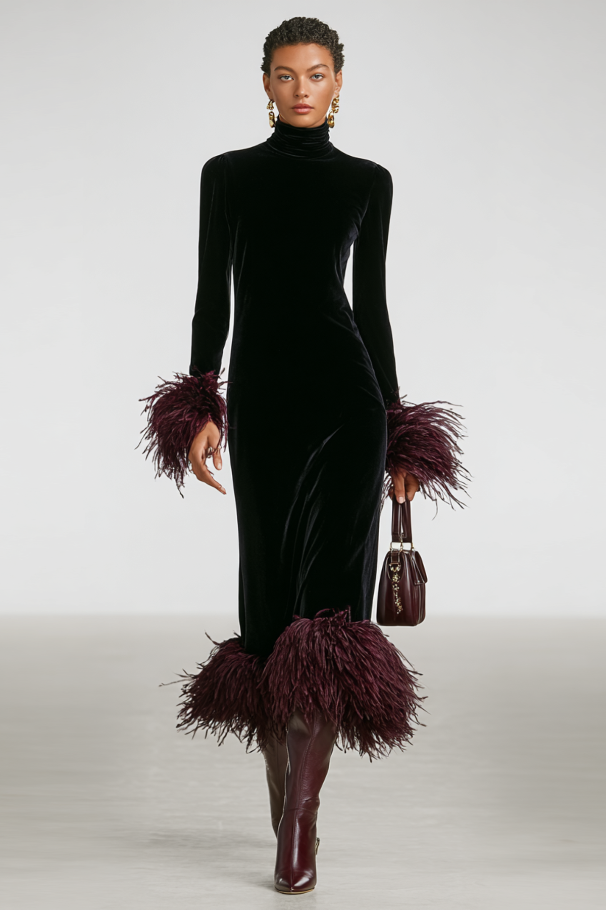 Feather Trim Patchwork Maxi Dress