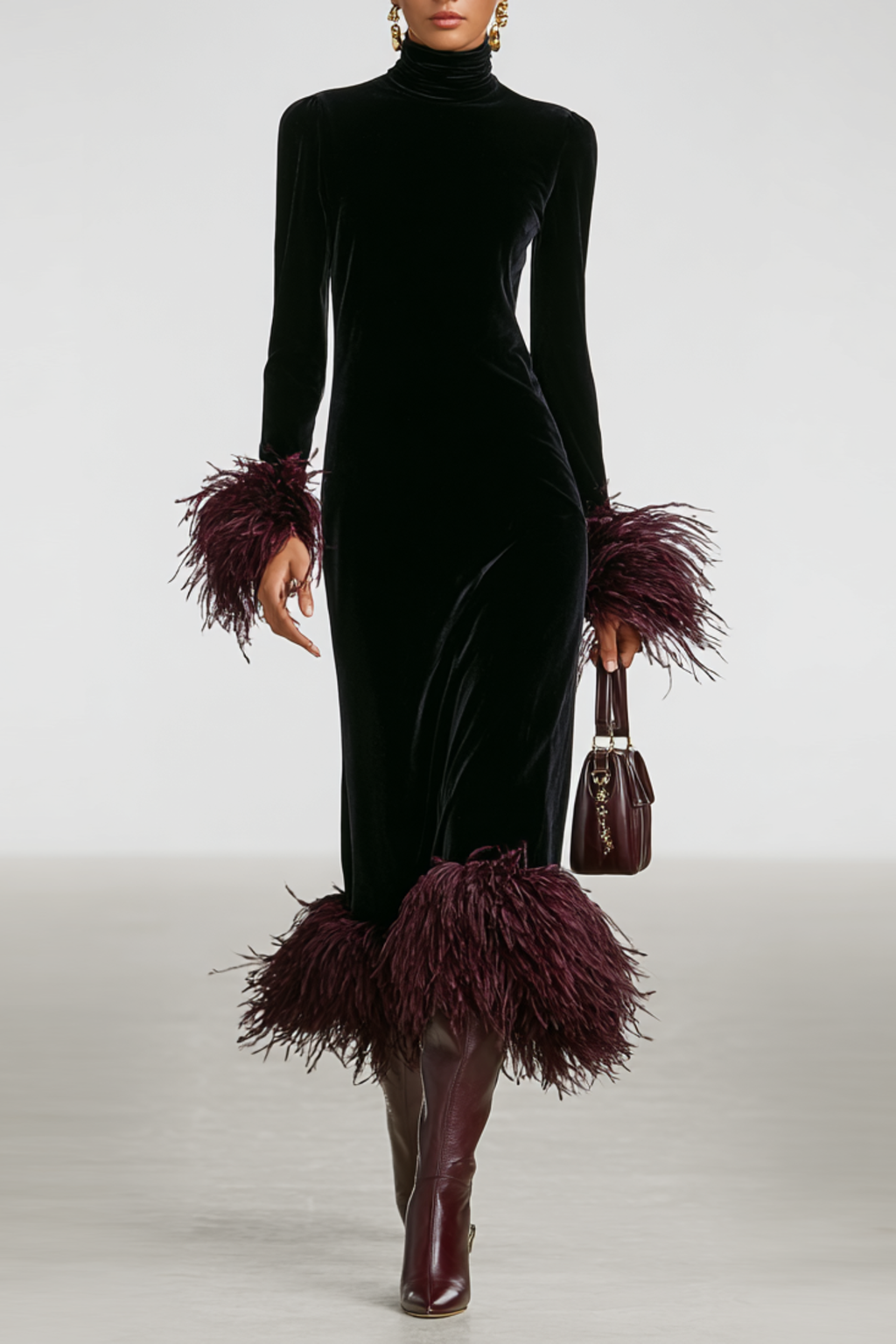 Feather Trim Patchwork Maxi Dress