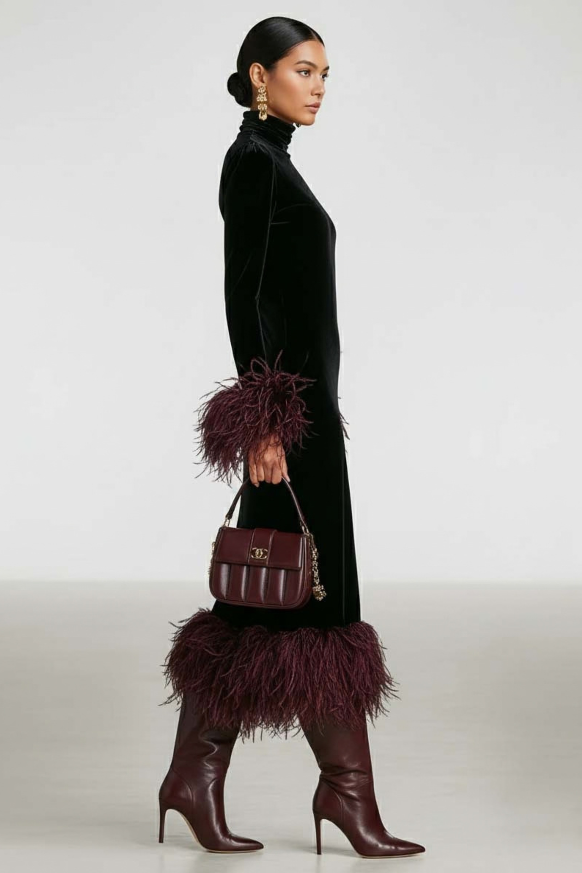 Feather Trim Patchwork Maxi Dress