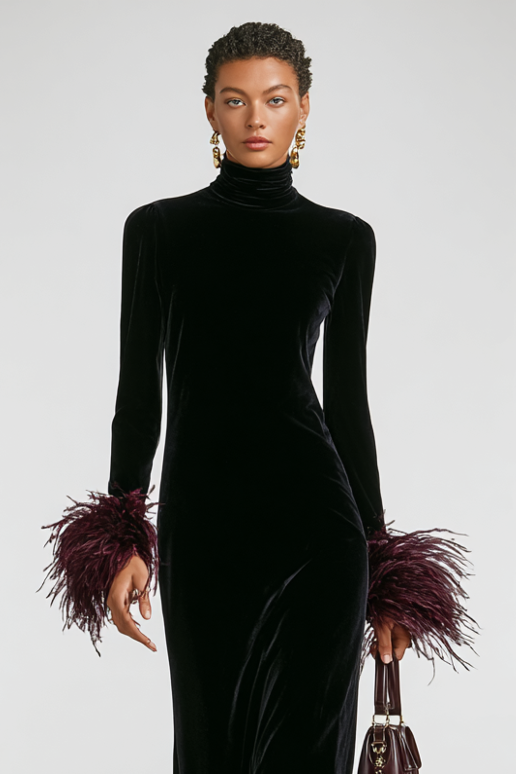 Feather Trim Patchwork Maxi Dress