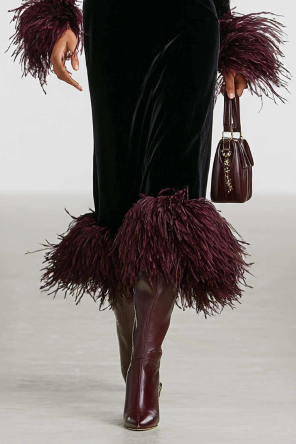 Feather Trim Patchwork Maxi Dress