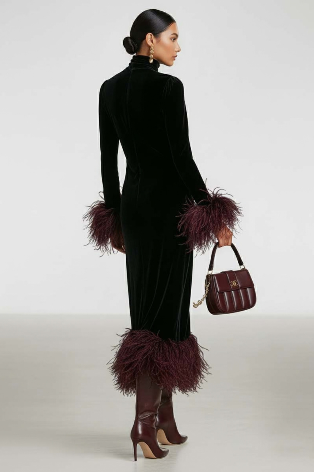 Feather Trim Patchwork Maxi Dress