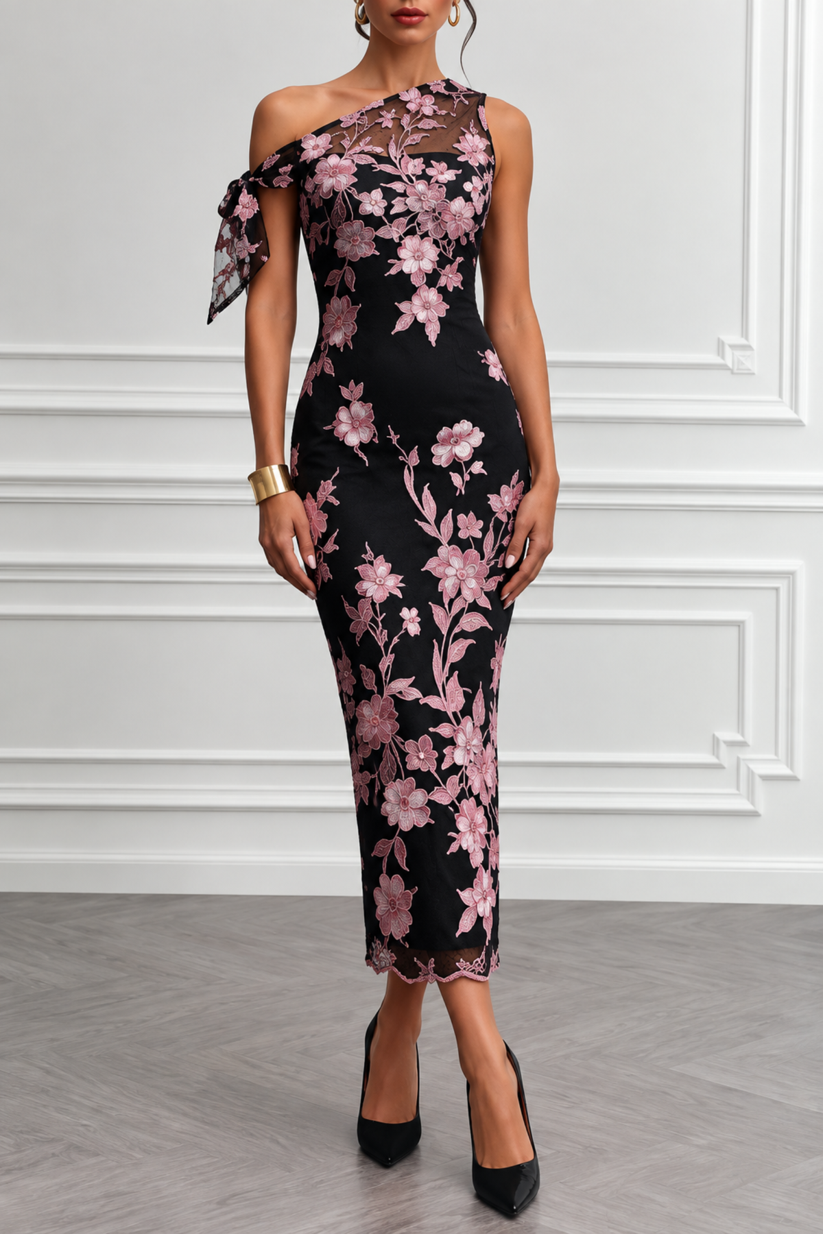 Floral Bow One Shoulder Maxi Dress
