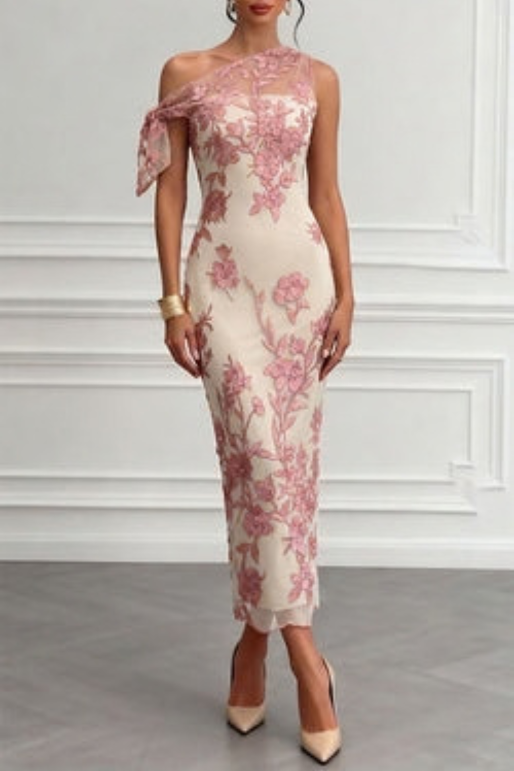 Floral Bow One Shoulder Maxi Dress