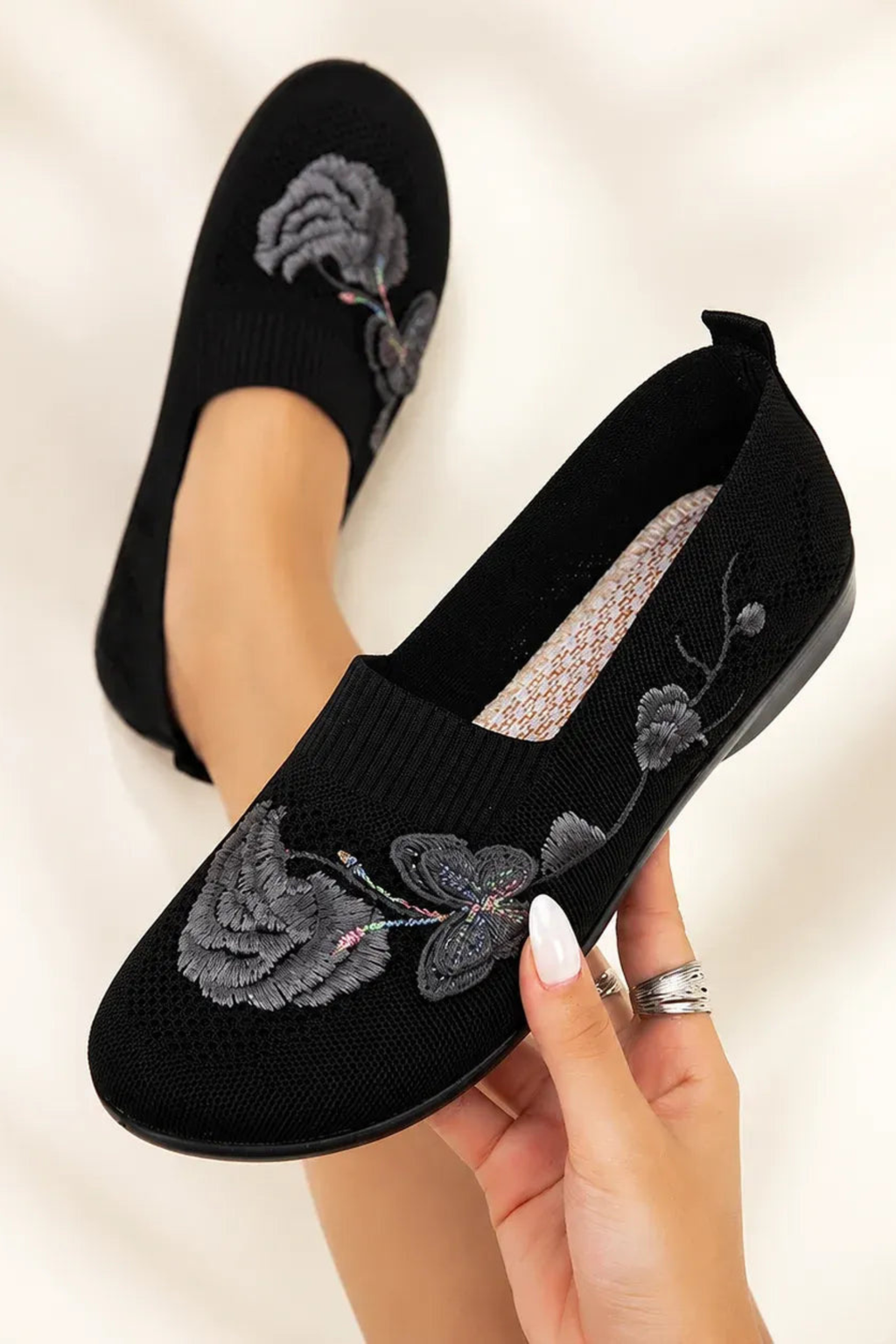 Floral Embroidered Slip-On Flats