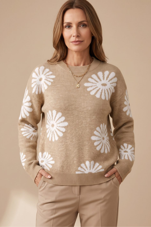 Floral Intarsia Crewneck Knit Sweater