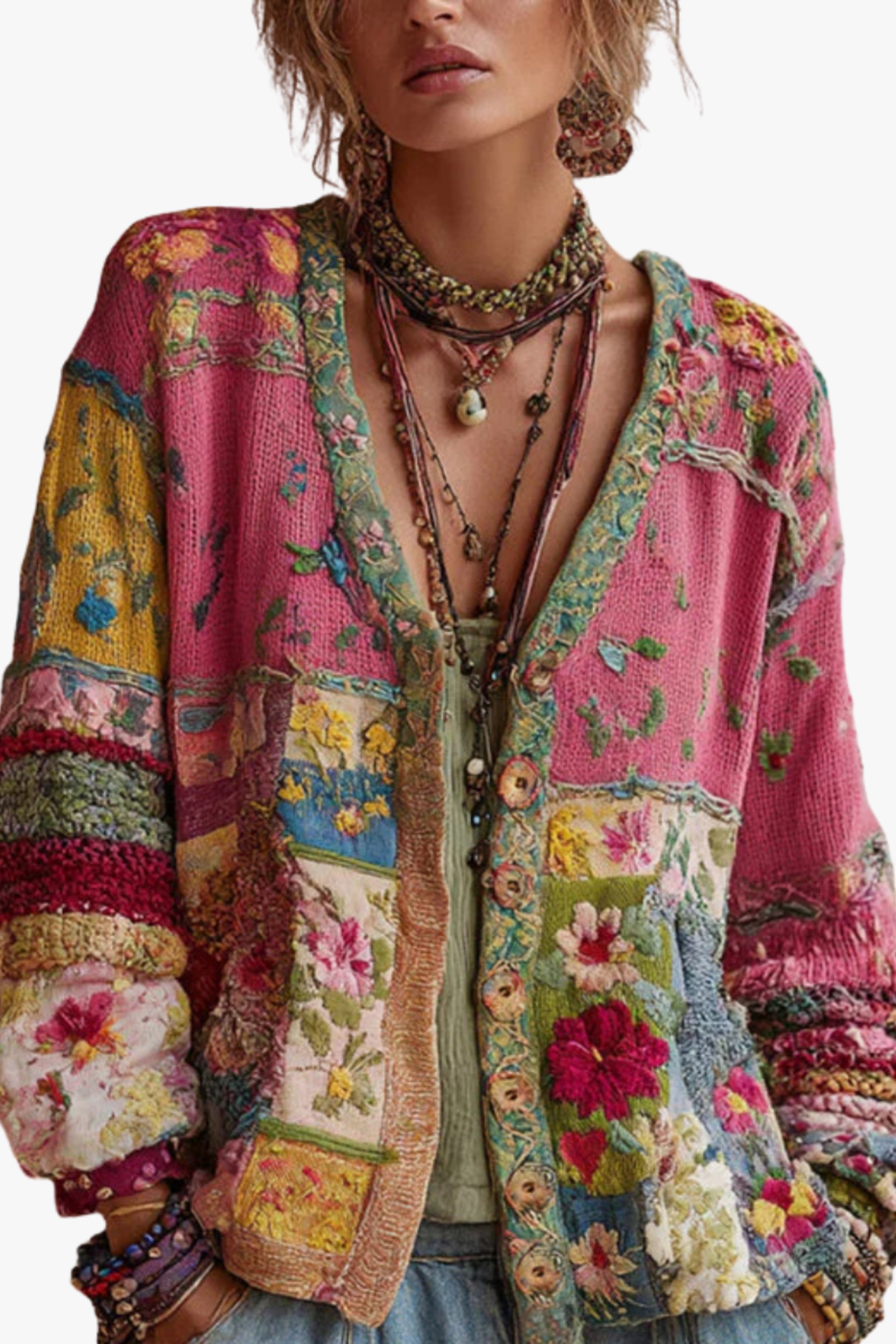 Floral Patchwork Knit Cardigan