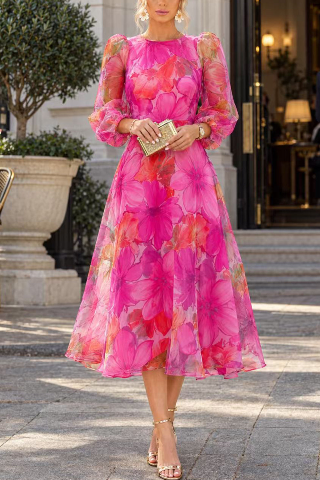 Floral Print Long Sleeve A-Line Midi Dress