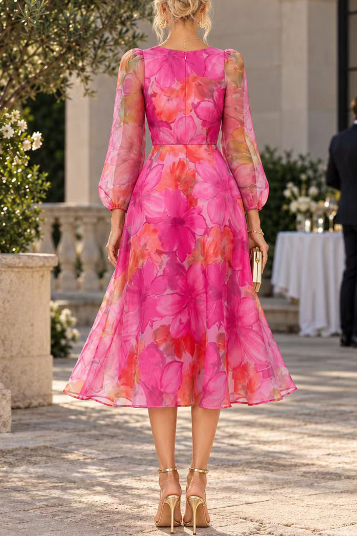 Floral Print Long Sleeve A-Line Midi Dress